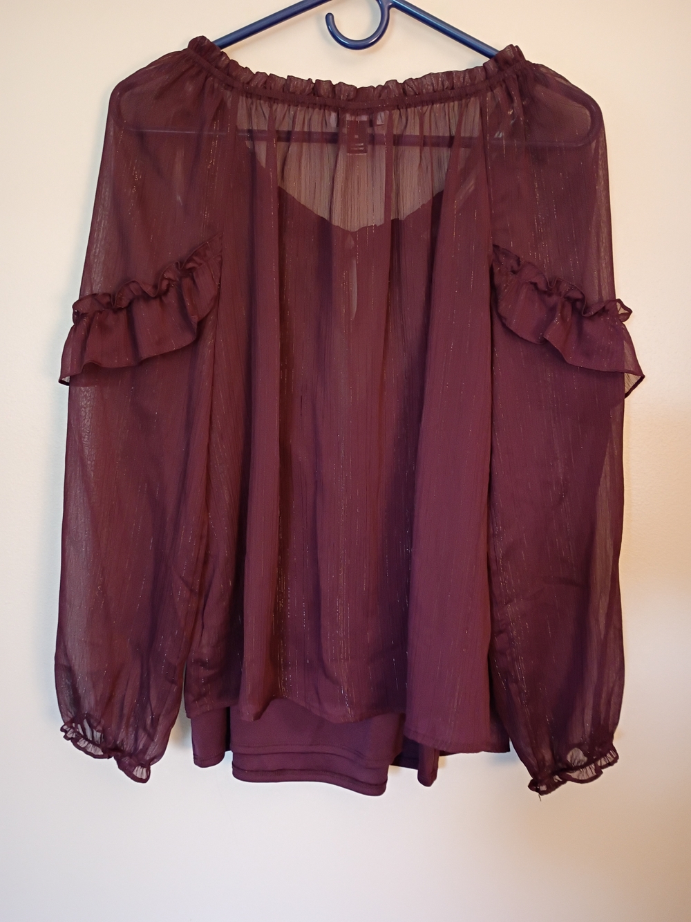 Sheer Ruffle Scoop Neck Blouse - Burgundy